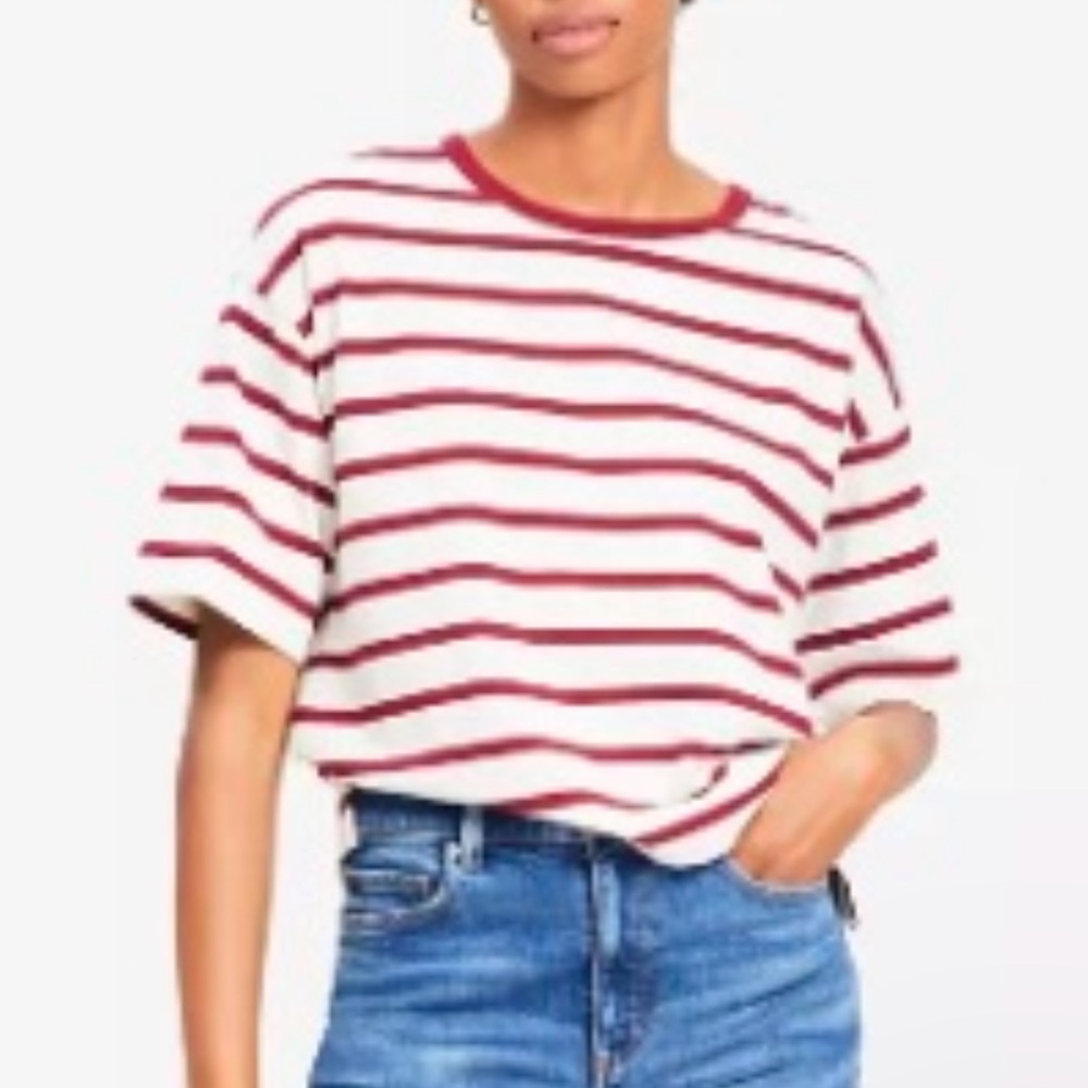 LOFT Striped Short Sleeve Modern Tee Cream Burgundy Medium New with Tags